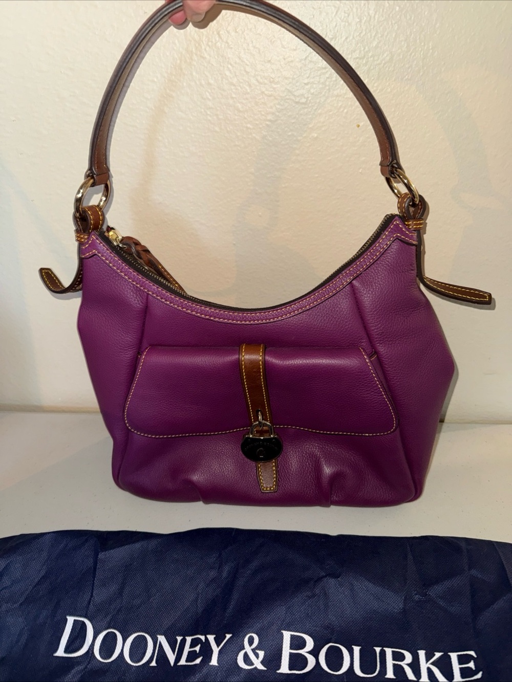 Dooney & Bourke Plum Pebbled Leather Hobo with Brown Trim Dust bag